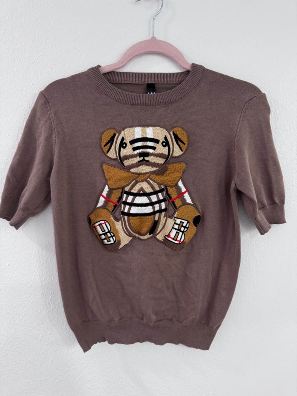 Boutique Brown Knit Top with Plaid Teddy Bear Patch - Soft & Trendy ONE SIZE.